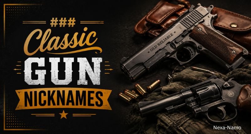 Classic handguns and vintage gear representing traditional gun nicknames.