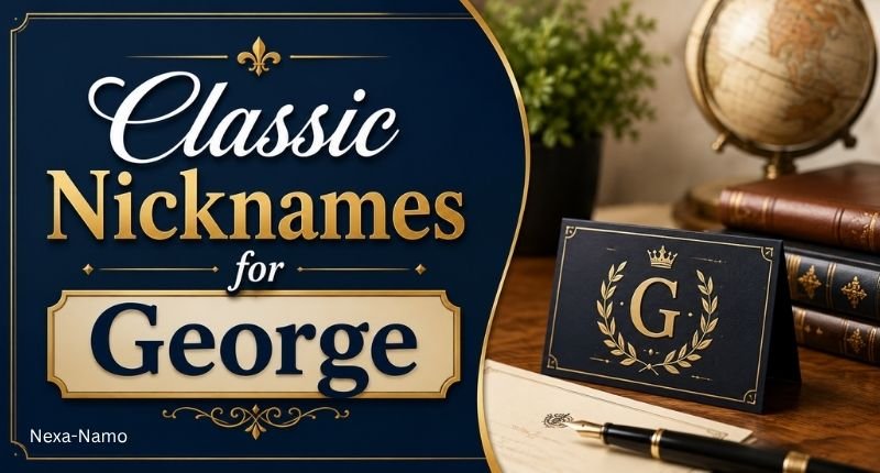 Classic Nicknames for George banner with elegant navy and gold typography, books, globe, and a classic name card.