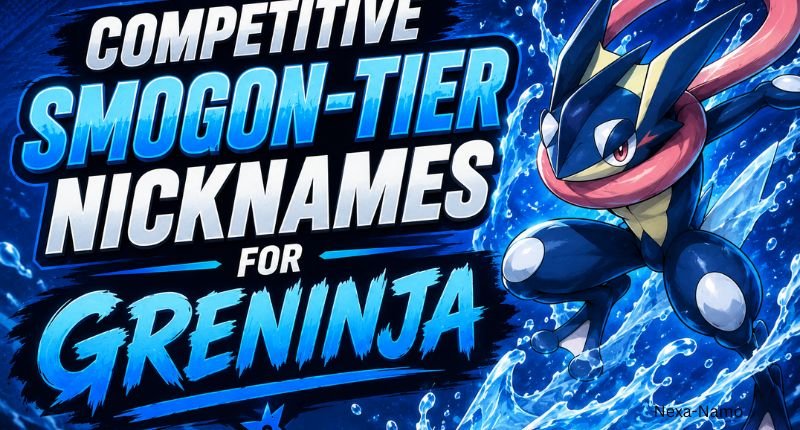 Competitive Smogon-tier Greninja nicknames graphic featuring Greninja in a dynamic battle pose surrounded by water effects and bold blue text.