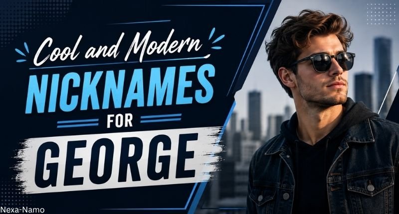 Cool and Modern Nicknames for George banner featuring bold blue typography and a stylish young man wearing sunglasses.
