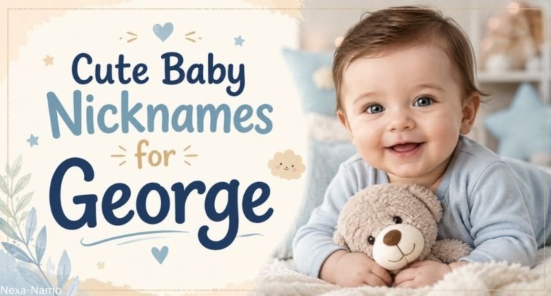 Cute Baby Nicknames for George banner featuring a smiling baby cuddling a teddy bear in a cozy nursery.
