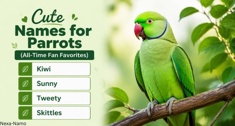 Cute names for parrots featuring Kiwi Sunny Tweety and Skittles name ideas with a green parrot.