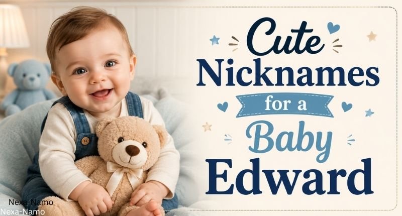 Cute Nicknames for a Baby Edward banner featuring a smiling baby cuddling a teddy bear in a cozy nursery.
