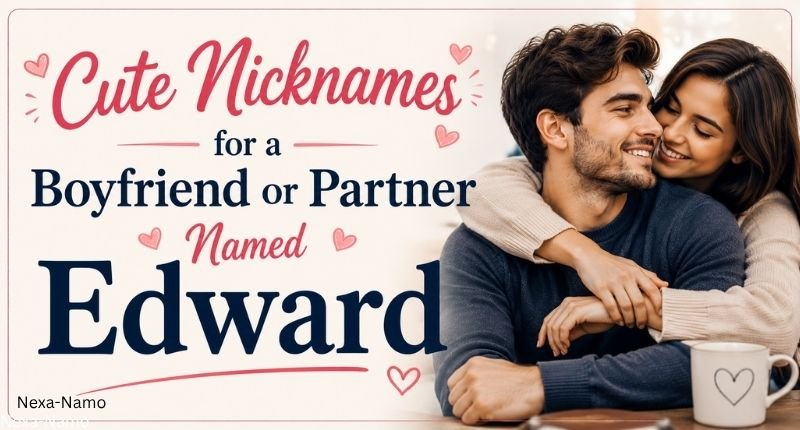 Cute Nicknames for a Boyfriend or Partner Named Edward banner featuring a loving couple in a warm romantic setting.