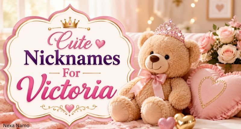 Classic Nicknames For Victoria – Classic Victoria Nicknames design featuring an adorable teddy bear, tiara, heart pillow, and soft pink decorations.