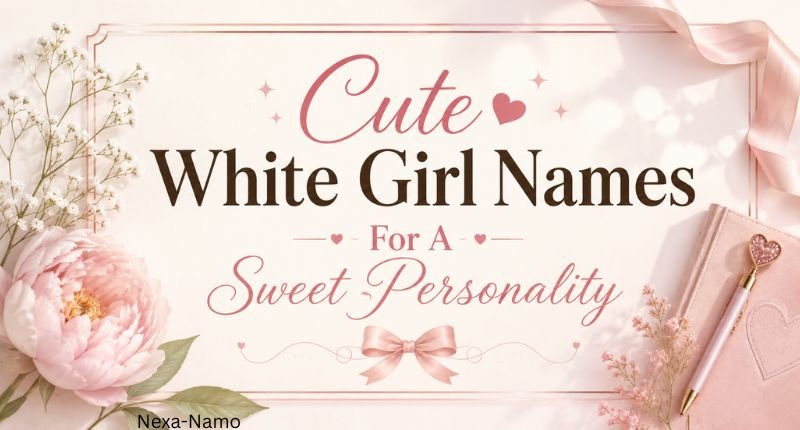 Soft pastel floral graphic featuring “Cute White Girl Names For A Sweet Personality” with feminine decorative accents.