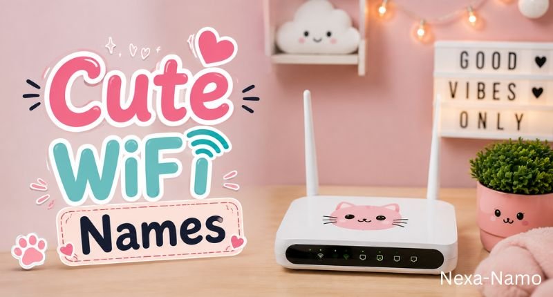 Cute WiFi Names feature image featuring a charming white WiFi router with adorable decor, pastel colors, and creative network name ideas for a cozy home setup.