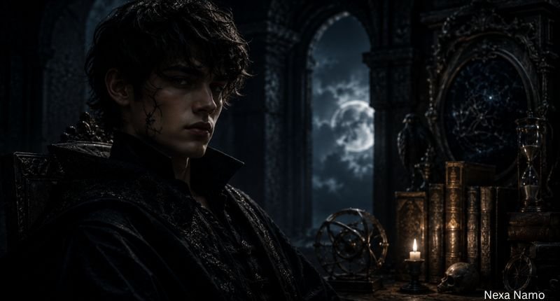 Dark fantasy portrait of a mysterious young man in a gothic chamber, representing dark and enigmatic names for boys with a moody, mystical atmosphere.