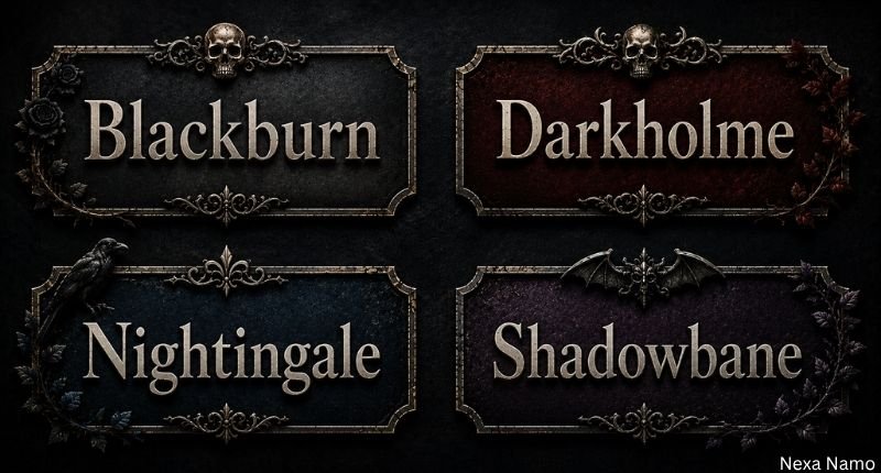 Dark last names that mean death, featuring Blackburn, Darkholme, Nightingale, and Shadowbane in four gothic name boxes.