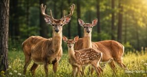 Deer Names – Graceful buck, doe, and spotted fawn standing together in a peaceful forest meadow surrounded by lush greenery and warm golden sunlight.names