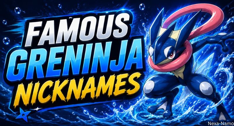 Famous Greninja Nicknames graphic featuring Greninja in a dynamic action pose, surrounded by powerful water effects and bold text reading “Famous Greninja Nicknames.”