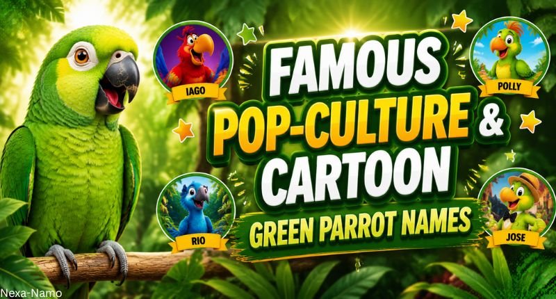 Famous pop-culture and cartoon green parrot names with a colorful green parrot illustration.