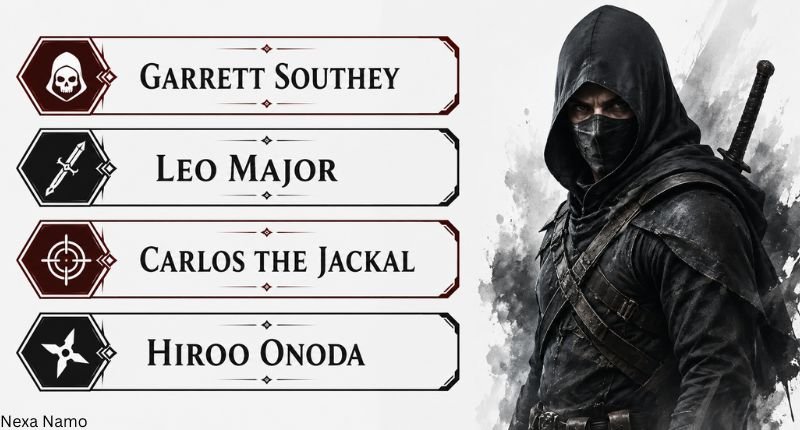 Famous Real-Life Assassins infographic featuring real-life assassin names beside a hooded assassin character