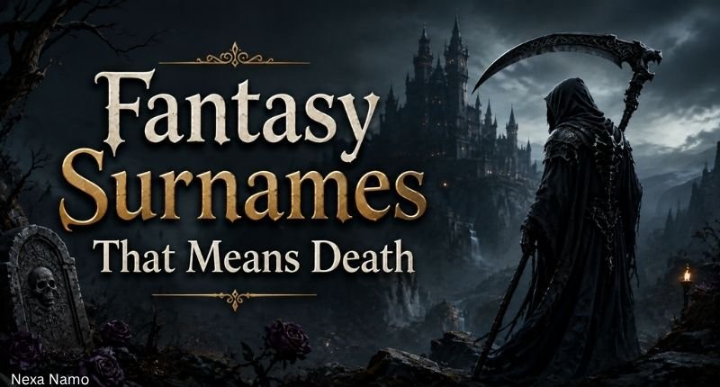 Fantasy surnames that mean death, featuring a dark medieval castle, hooded reaper with a scythe, tombstone, and purple roses.