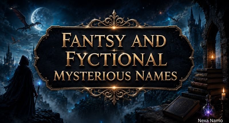 Fantasy-themed banner with the title "Fantasy and Fictional Mysterious Names" centered over a mystical moonlit landscape featuring a hooded figure, castle, dragons, and magical elements.