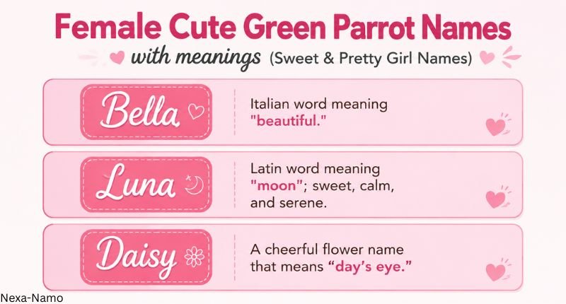 Female cute green parrot names with meanings including Bella Luna and Daisy girl parrot names.