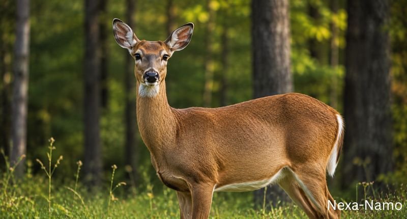 Female (Doe) Deer Names – Graceful female doe deer standing peacefully in a lush forest with soft golden sunlight, showcasing her elegant posture and natural woodland beauty.