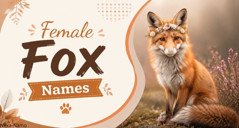 Female Fox Names featuring a beautiful female fox illustration with a nature-inspired background and elegant design for unique girl fox name ideas.
