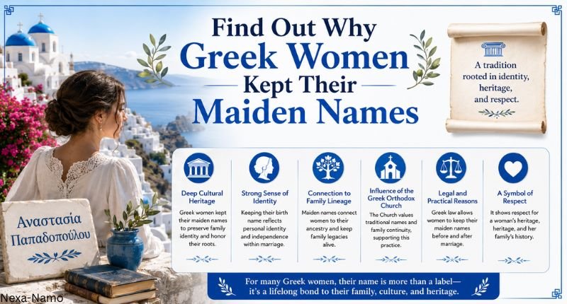 Greek woman overlooking a Santorini village with an infographic explaining why Greek women kept their maiden names.