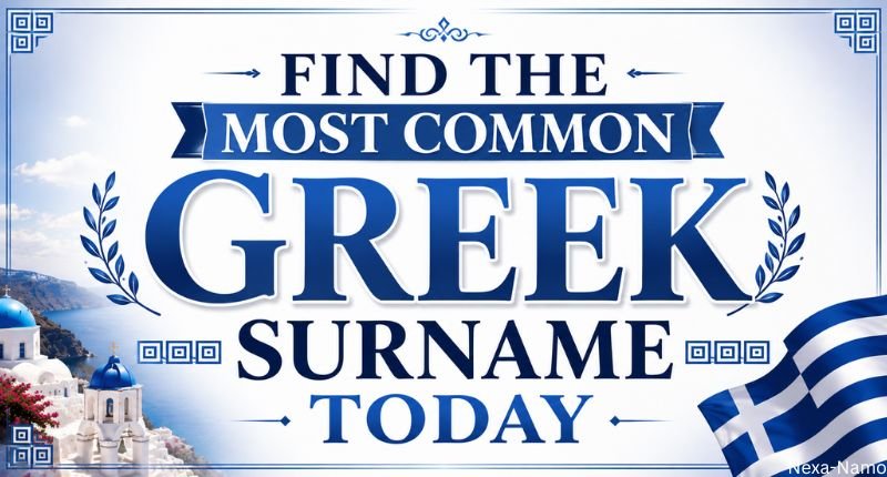 Find the most common Greek surname today in a stylish blue-and-white Greek-themed design with Santorini scenery and a Greek flag.