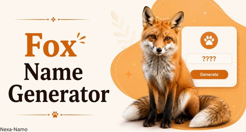 Fox Name Generator featuring a realistic fox illustration with a modern creative design for generating unique and fun fox name ideas.