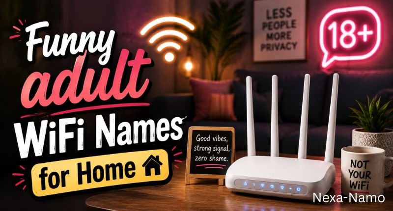 Funny Adult WiFi Names feature image showing a modern home WiFi router with playful decor, stylish lighting, and creative network name ideas for adults.