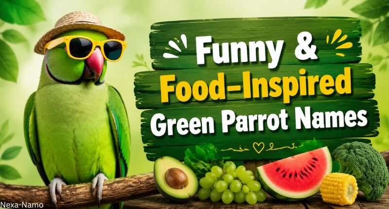 Funny and food-inspired green parrot names with a playful green parrot and tropical foods.