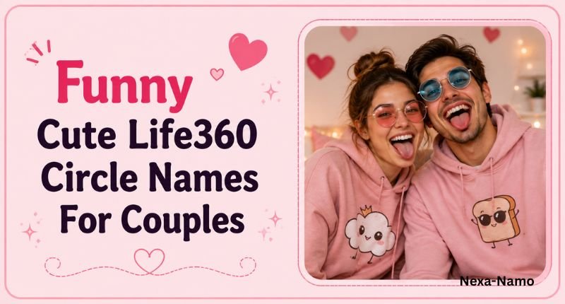 Funny cute Life360 circle names for couples featuring a playful couple wearing sunglasses and pink hoodies.