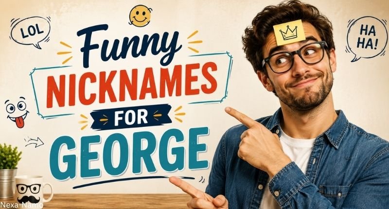 Funny Nicknames for George banner featuring playful typography, funny doodles, and a smiling man pointing at the title.