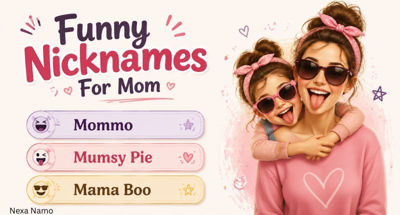 Funny nicknames for mom featuring Mommo, Mumsy Pie, and Mama Boo in colorful name boxes with a playful mother theme