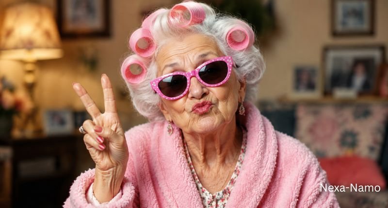 Funny old lady wearing pink sunglasses and rollers with a playful pose, representing creative and humorous old lady names.