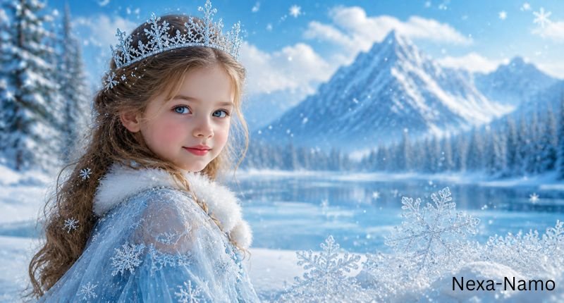 Girl names that mean ice or snow – young girl wearing a snowflake tiara in a snowy winter landscape.