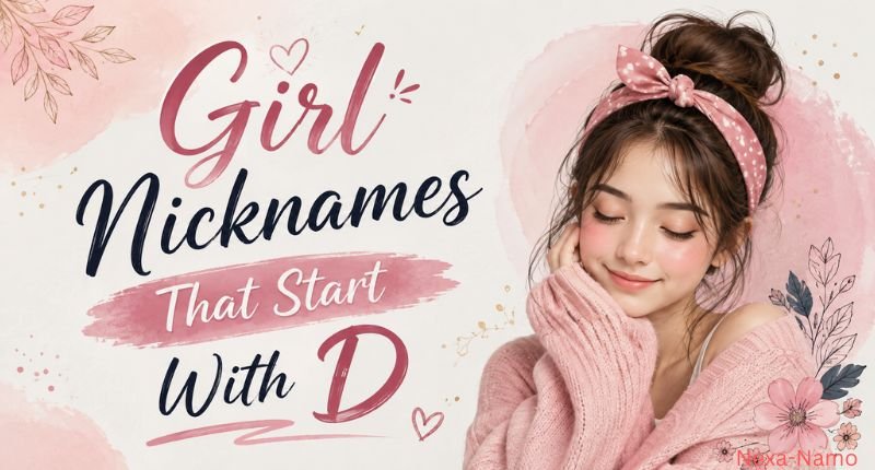 A soft pastel pink and cream graphic featuring the heading “Girl Nicknames That Start With D” in stylish hand-lettered typography, with hearts, botanical illustrations, gold accents, and a smiling young woman wearing a pink headband and cozy sweater on the right side.