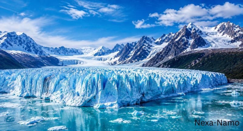 Glacier a massive blue-white glacier surrounded by snow-covered mountains and icy terrain.