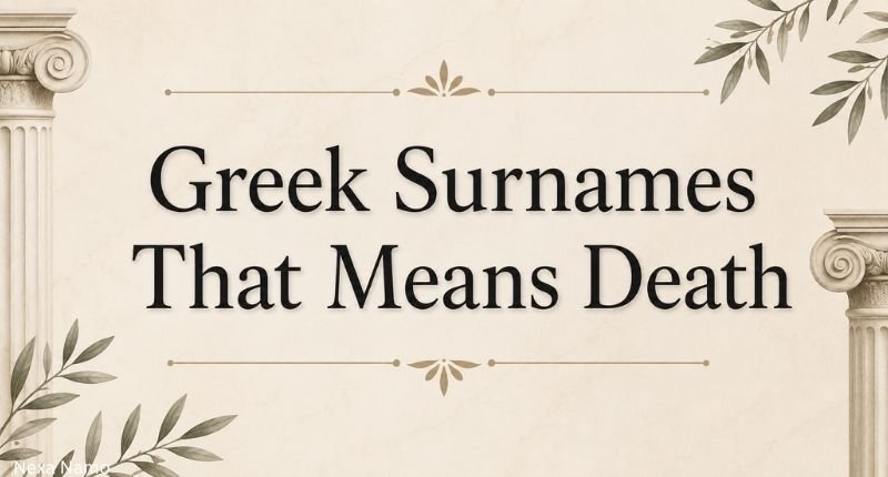 Greek surnames that mean death — elegant title graphic with classical Greek columns and olive branches.