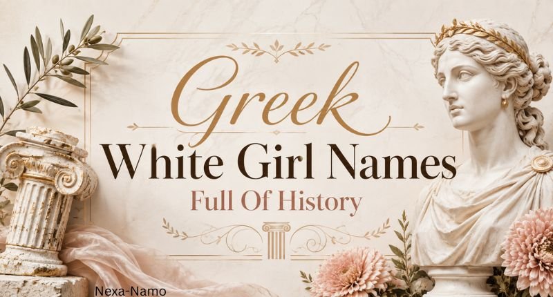 Elegant Greek-inspired graphic featuring “Greek White Girl Names Full Of History” with a classical marble statue, column, and olive branches.