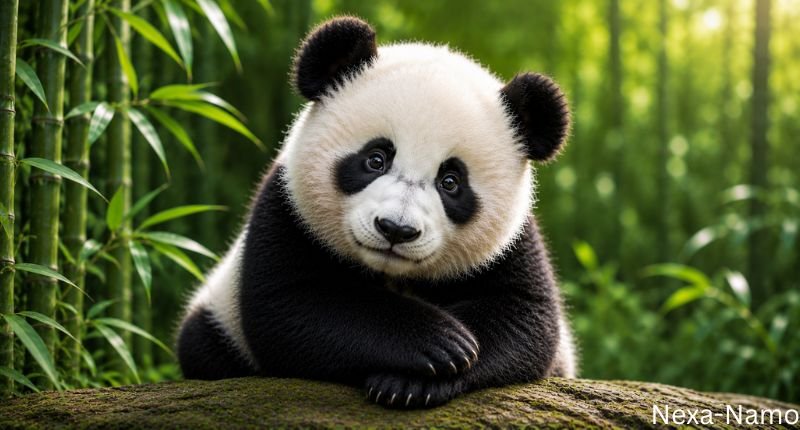 Hoshi adorable panda resting on a mossy log in a tranquil bamboo forest with a gentle and curious expression, perfect for a cute panda names article.