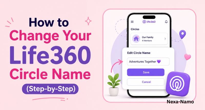 Step-by-step guide showing how to change a Life360 circle name on a smartphone with a pastel pink design.