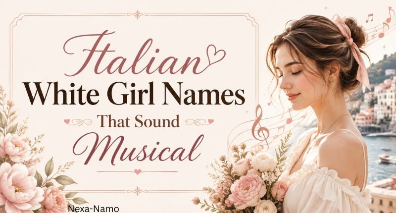 Elegant Italian-themed graphic featuring “Italian White Girl Names That Sound Musical” beside a woman and coastal Italian scenery.