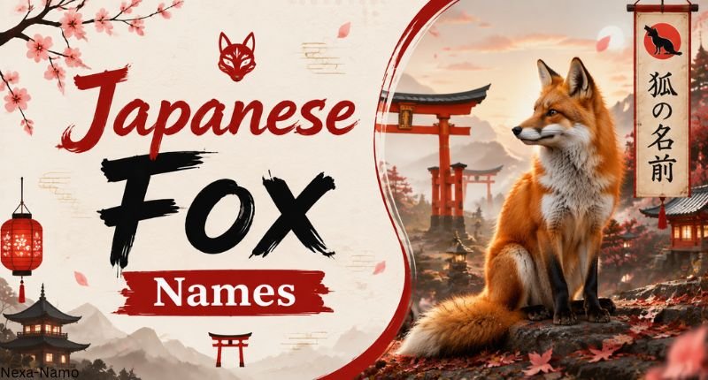 Japanese Fox Names featuring a traditional Japanese-inspired fox illustration with cherry blossoms, shrine elements, and a creative design for unique fox name ideas.