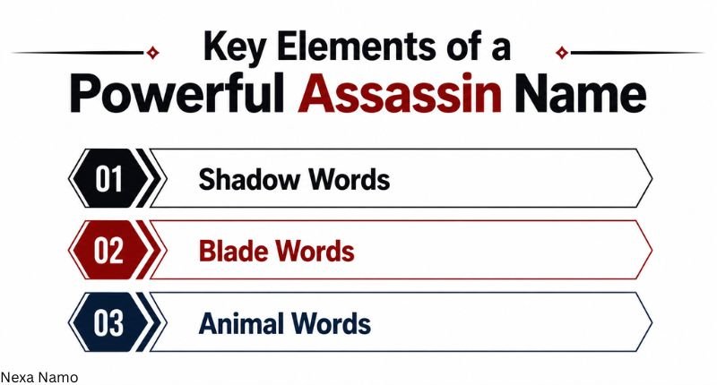 Key Elements of a Powerful Assassin Name infographic showing Shadow Words, Blade Words, and Animal Words