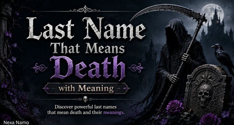 Last names that mean death with meanings, featuring a gothic cemetery, hooded grim reaper, scythe, raven, tombstone, and purple roses.