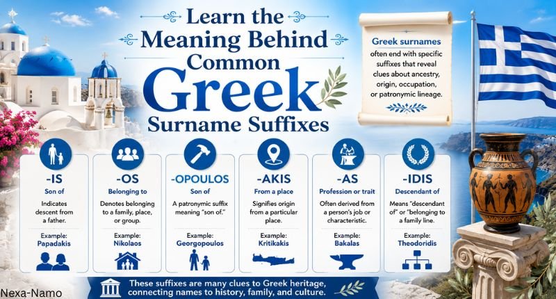 Greek surname suffixes infographic showing common endings such as -is, -os, -opoulos, -akis, -as, and -idis with their meanings.