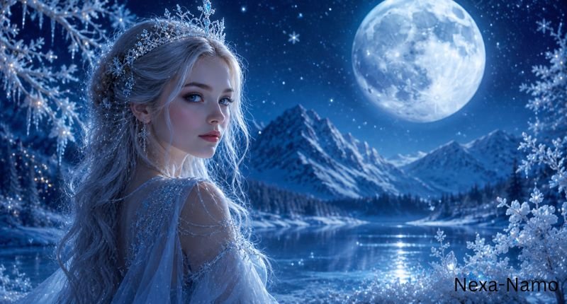 Lunaris – a silver-haired woman in a crystal tiara standing in a moonlit snowy landscape with icy mountains and a frozen lake.