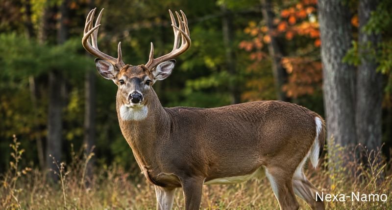 Male (Buck) Deer Names – Majestic male buck deer with large antlers standing confidently in a peaceful forest clearing surrounded by autumn trees and natural woodland scenery.