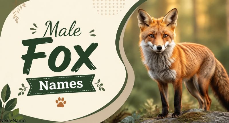 Male Fox Names featuring a realistic male fox illustration with a nature-inspired background and stylish design for unique boy fox name ideas.