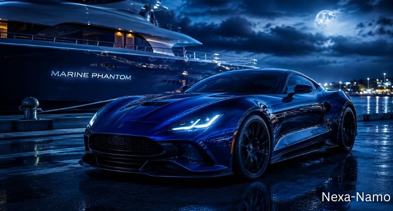 Marine Phantom-inspired deep blue sports car parked beside a luxury yacht at a moonlit marina, representing a sleek, mysterious, and ocean-themed blue car name.
