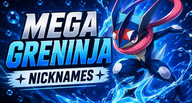 Mega Greninja in an action pose surrounded by water effects, with bold text reading “Mega Greninja Nicknames.