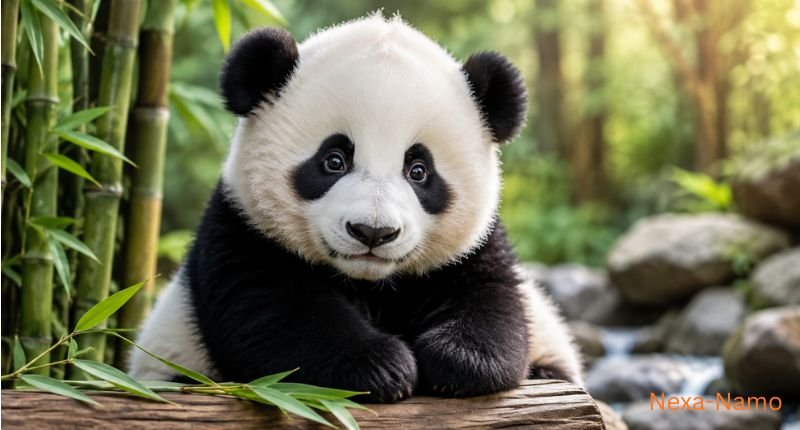 Mochi" panda sitting peacefully on a wooden log in a lush bamboo forest with a cute expression, perfect for a panda names article.
