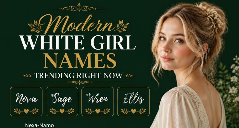 Modern white girl names trending right now including Nova Sage Wren and Ellis